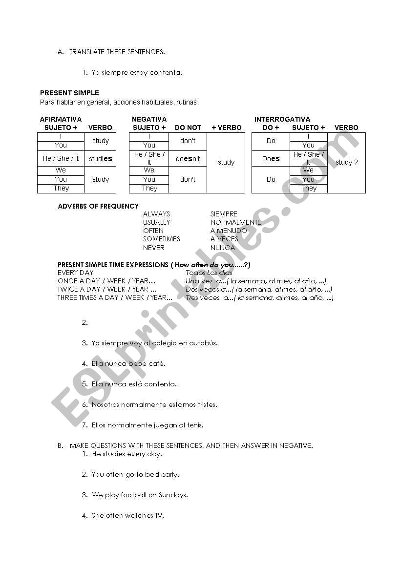 PRESENT SIMPLE EXERCISES worksheet