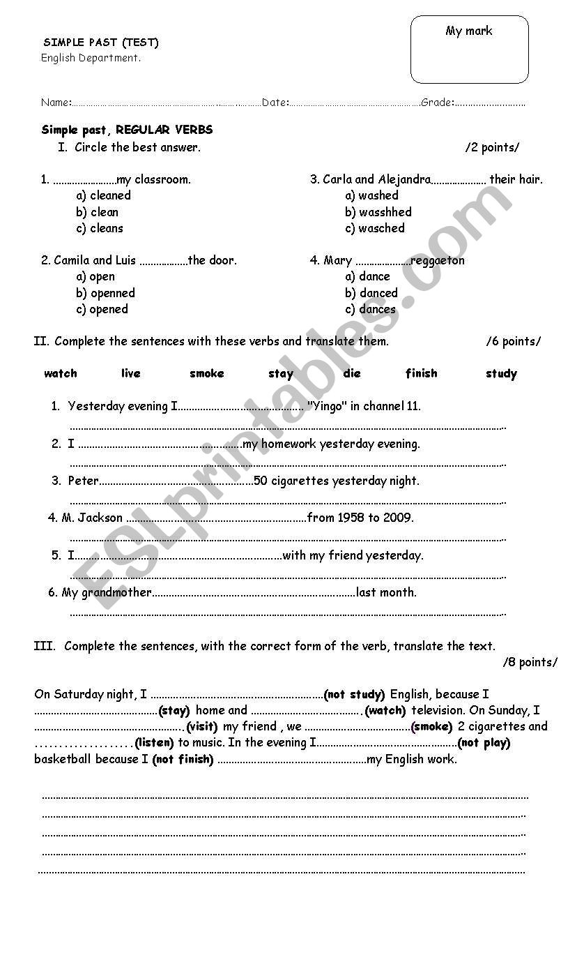 simple past test worksheet