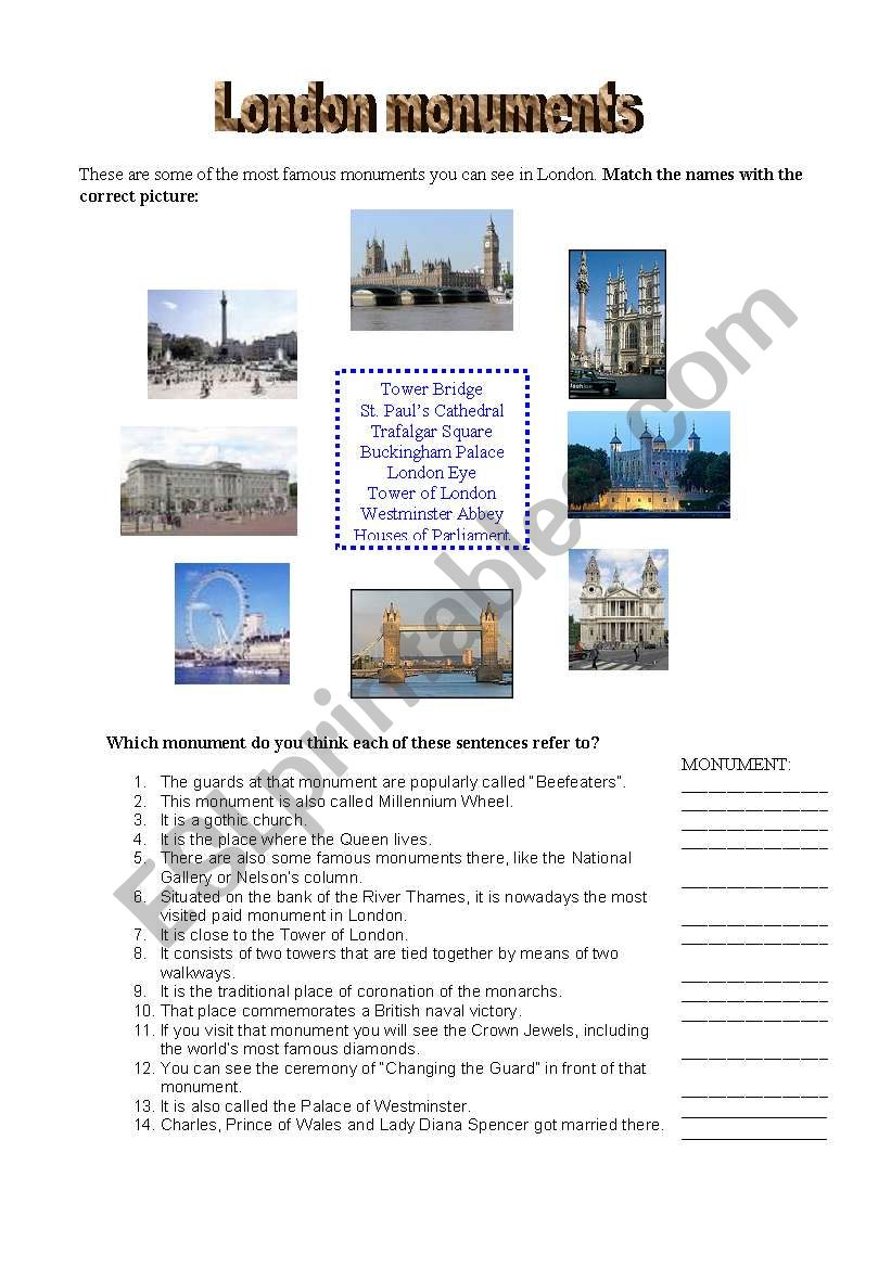 London monuments worksheet