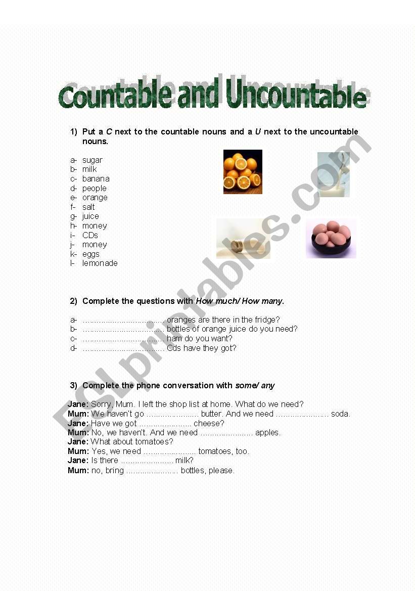 Countable and Uncountable worksheet