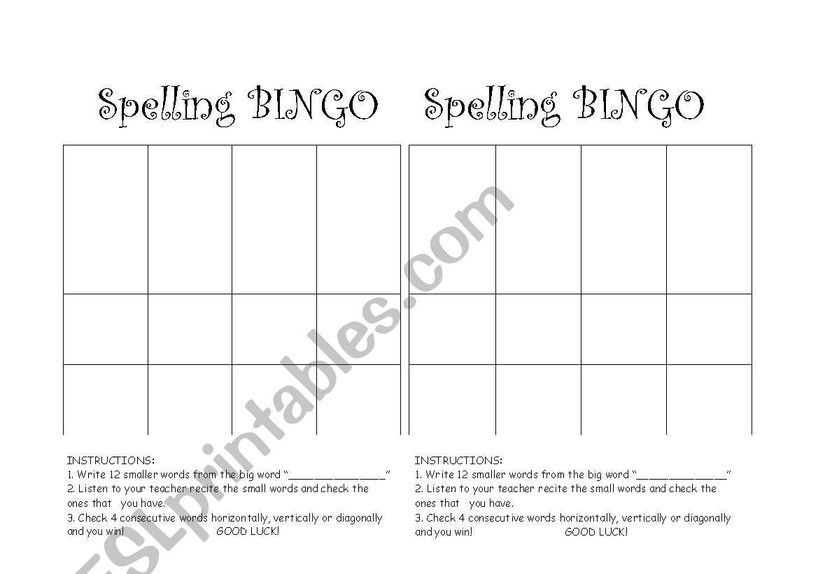 spelling bingo worksheet