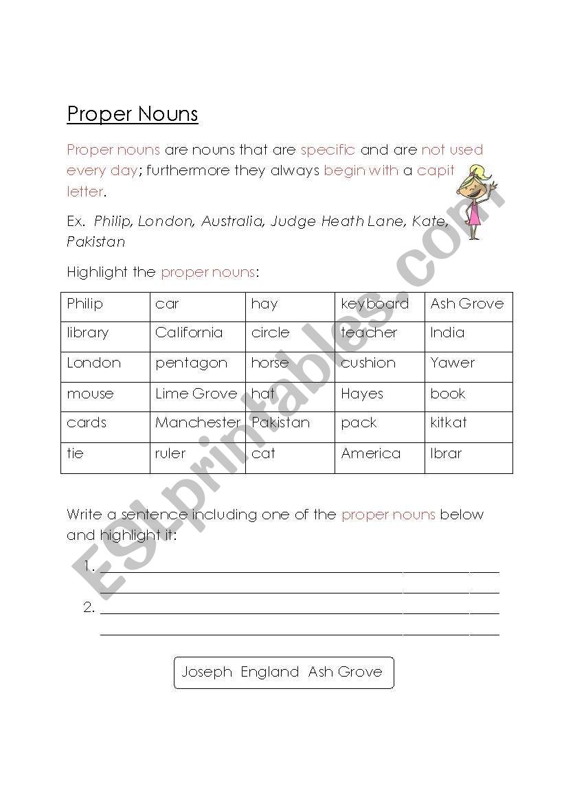 Proper nouns worksheet