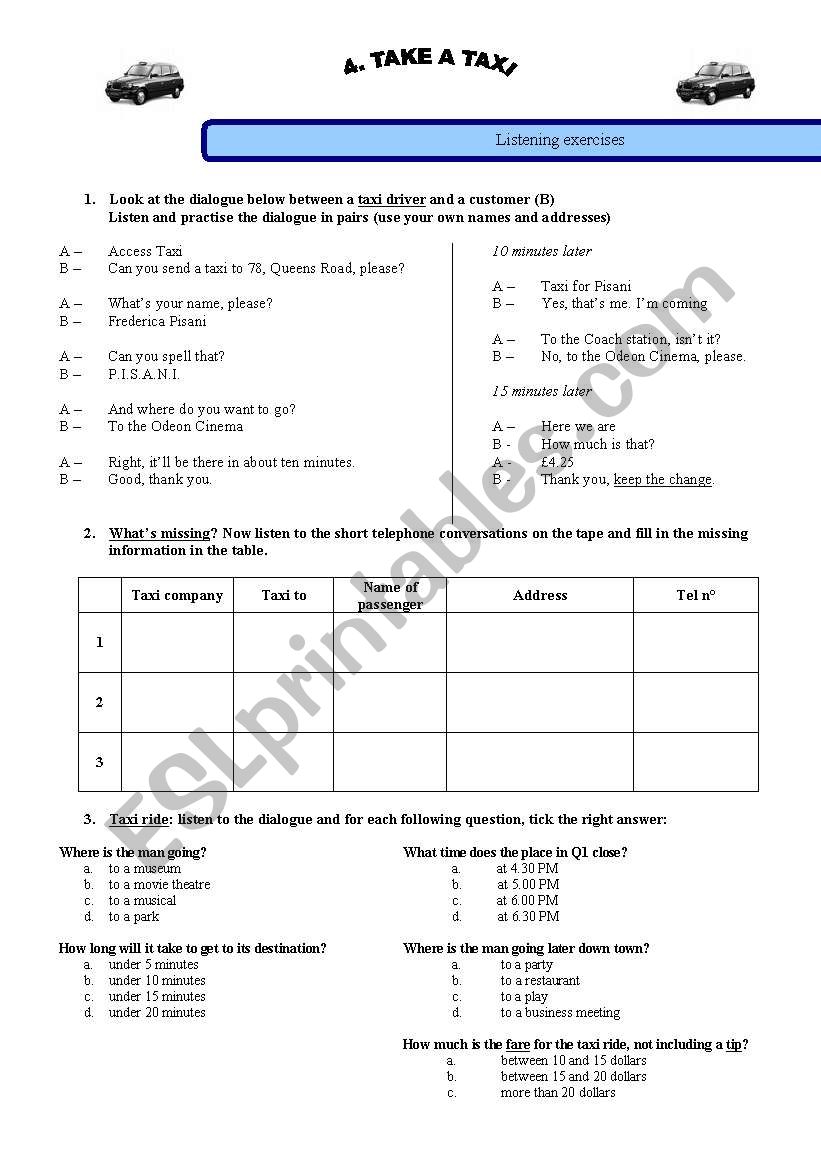 Take a taxi worksheet