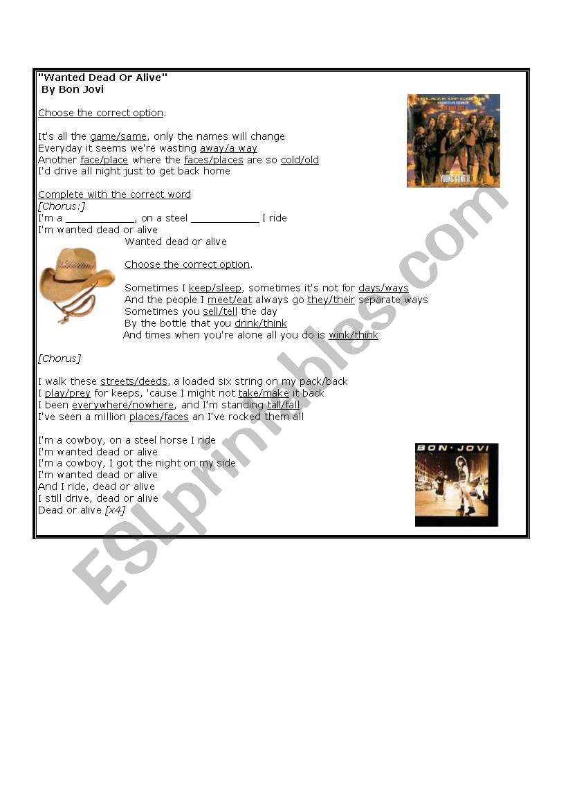 wanted dead or alive song worksheet