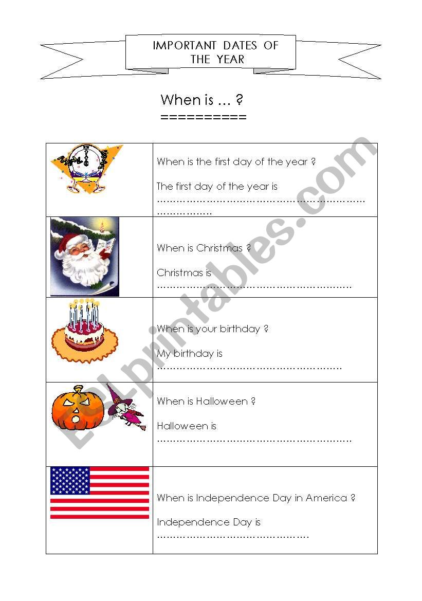 Important dates of the year worksheet