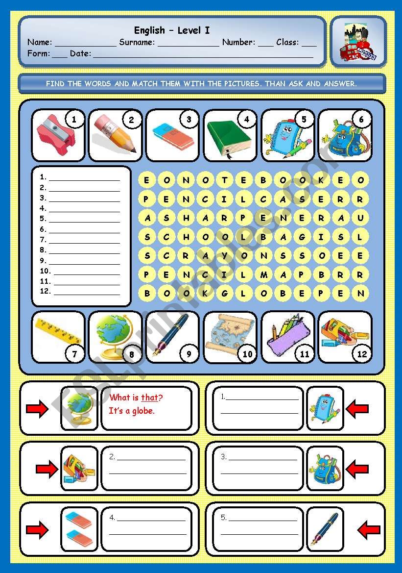 CLASSROOM OBJECTS worksheet