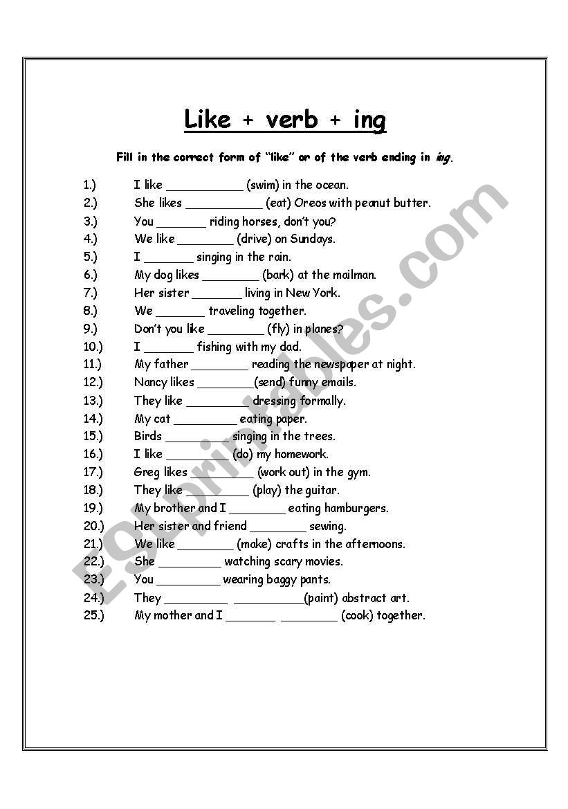 Like +verb +ing worksheet