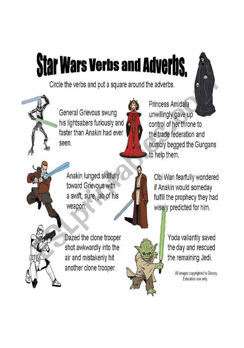 Star Wars Verbs and Adverbs Sheet