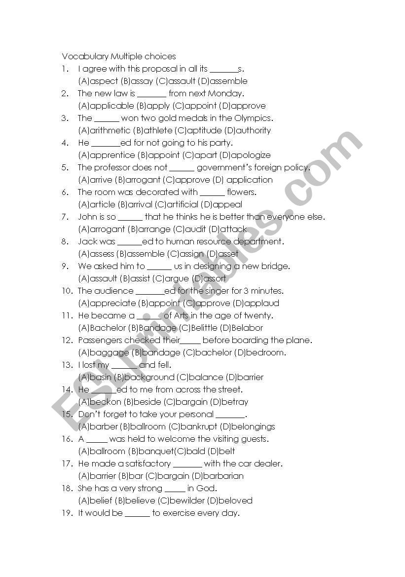 Vocabulry mutiple choices worksheet