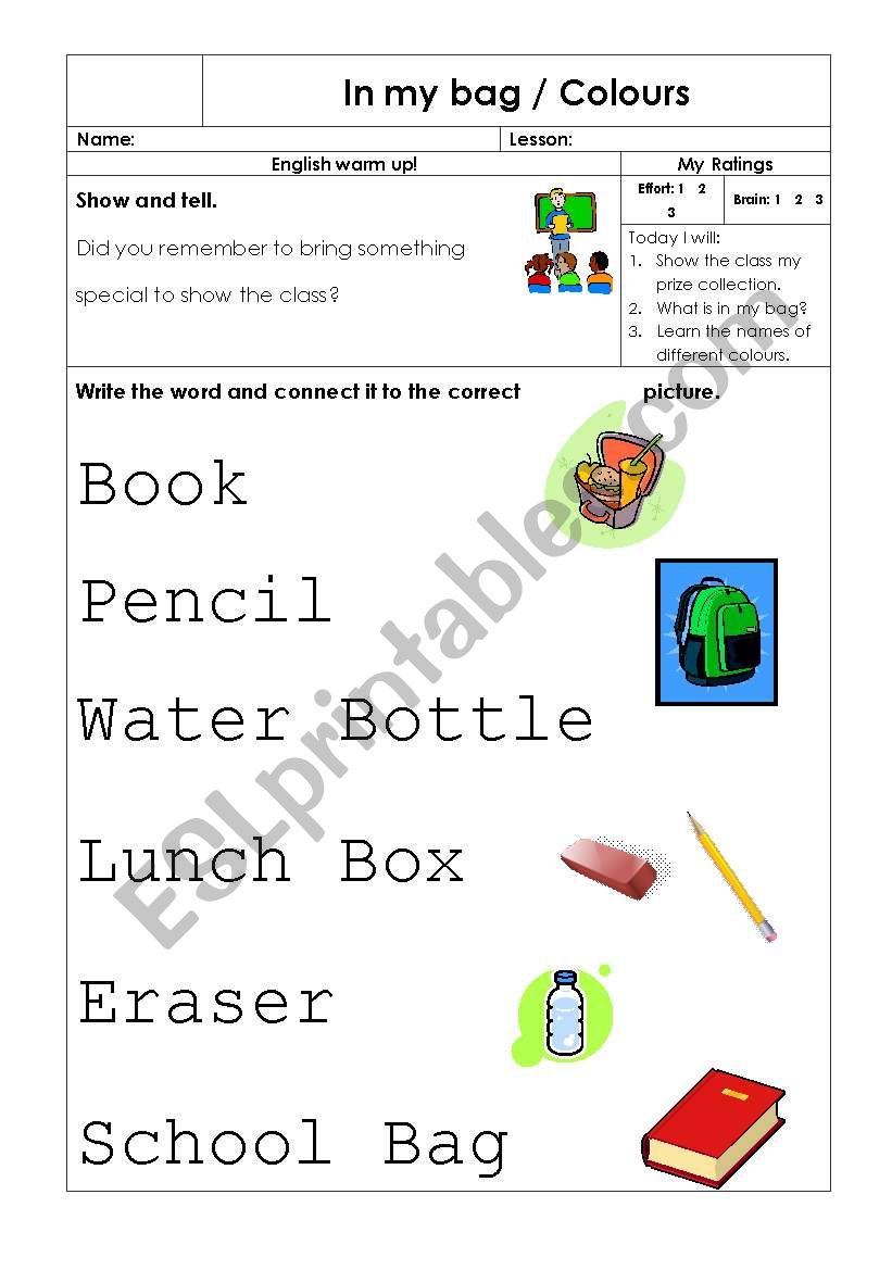 In My Bag/ Color worksheet