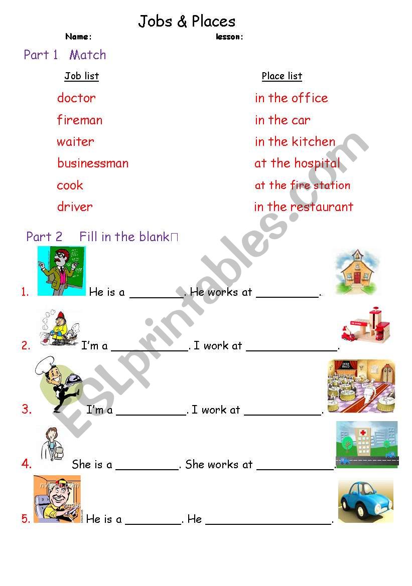 Jobs & Places worksheet