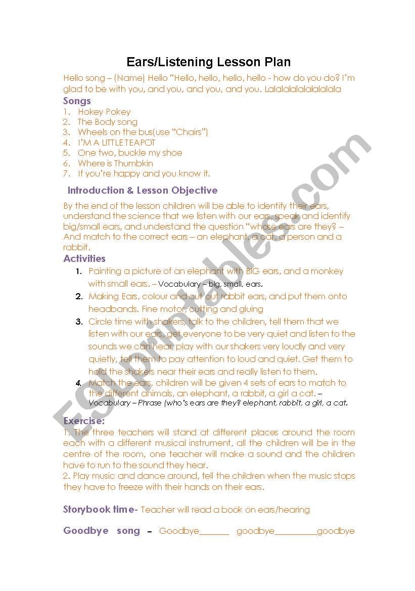 ears listening worksheet