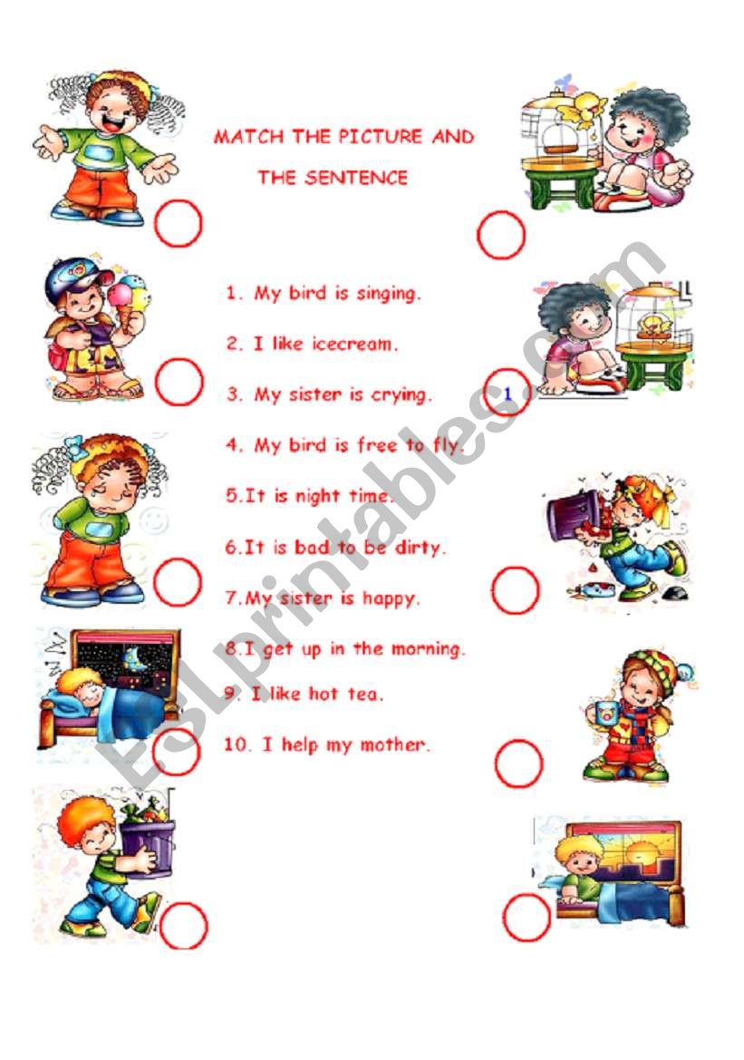 MATCH THE PICTURE AND THE SENTENCE ESL Worksheet By Class Centre