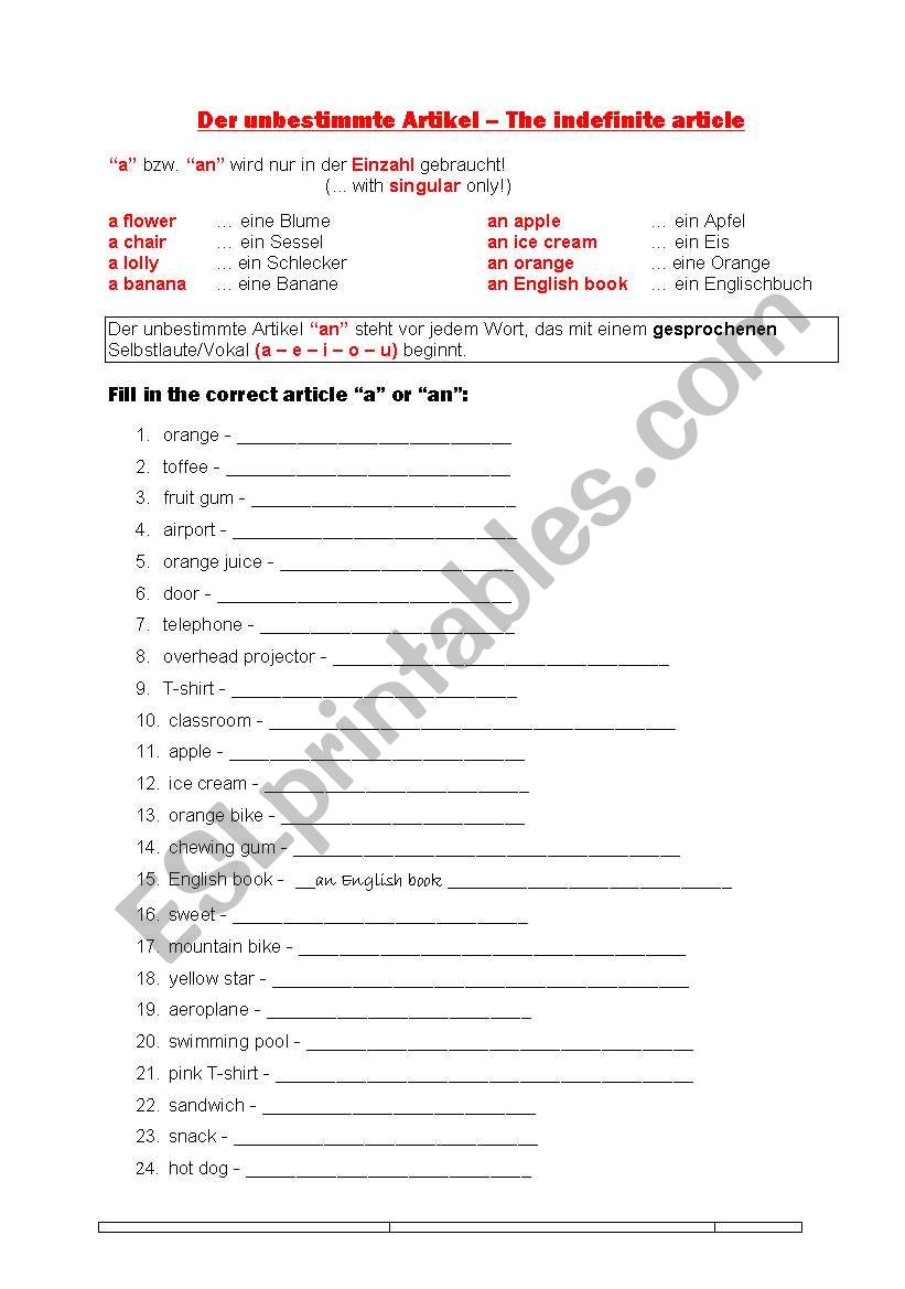 the indefinite article worksheet