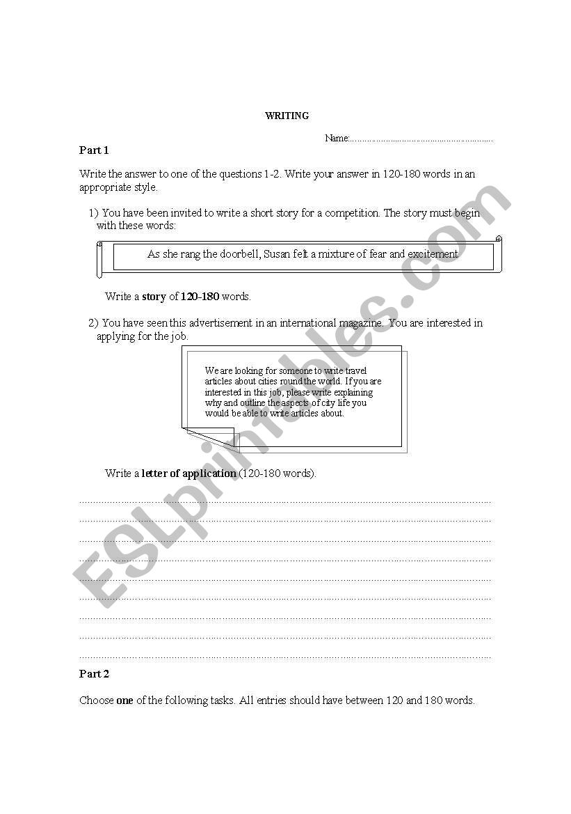 Writing task worksheet