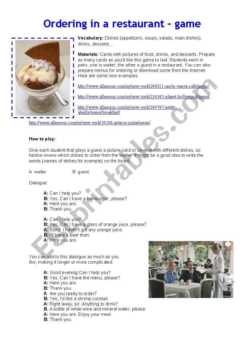 RESTAURANT GAME worksheet