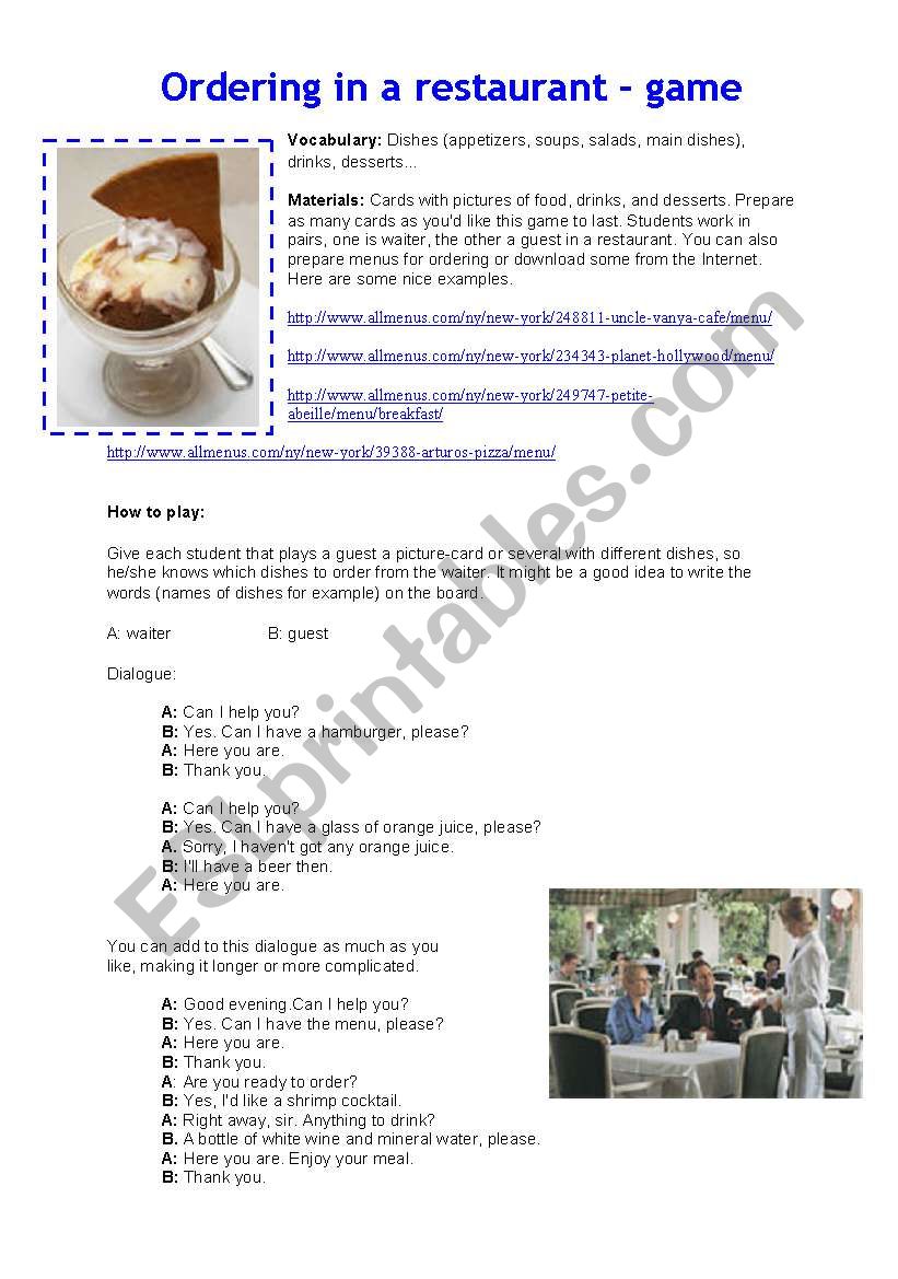 RESTAURANT GAME worksheet