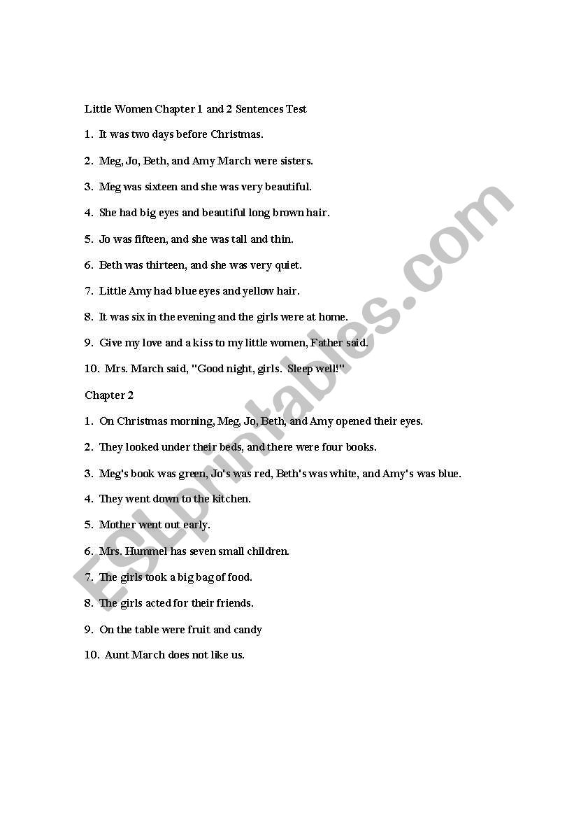 Little Women Pre-Dictation Test for Chapters 1 and 2