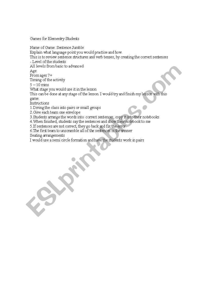 Games for Elementry Students worksheet