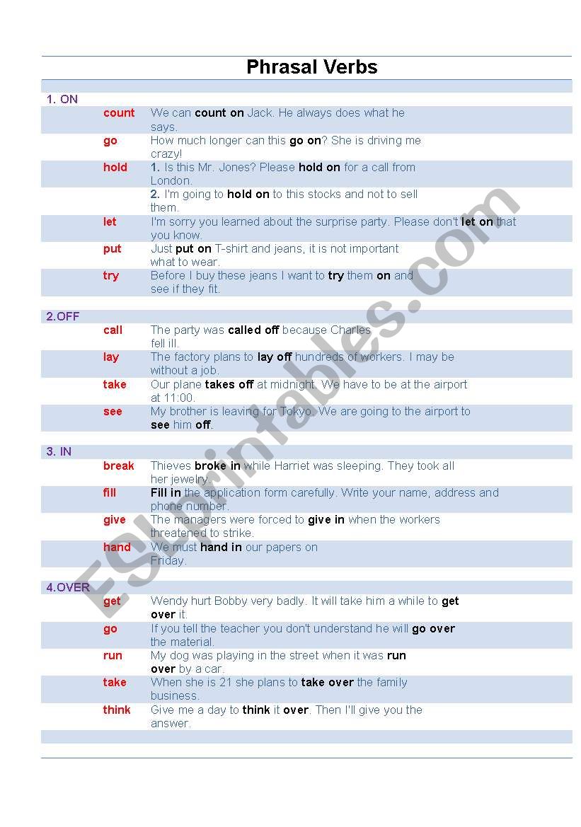 List of Phrasal Verbs  worksheet