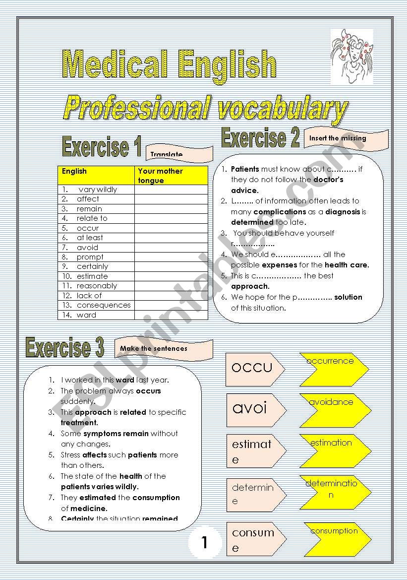 2 pages/7 exercises Medical English Professional Vocabulary Builder 