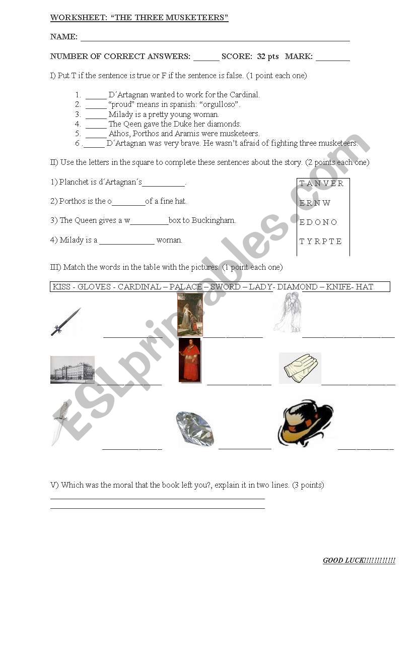 BOOK: THREE MUSKETEERS worksheet