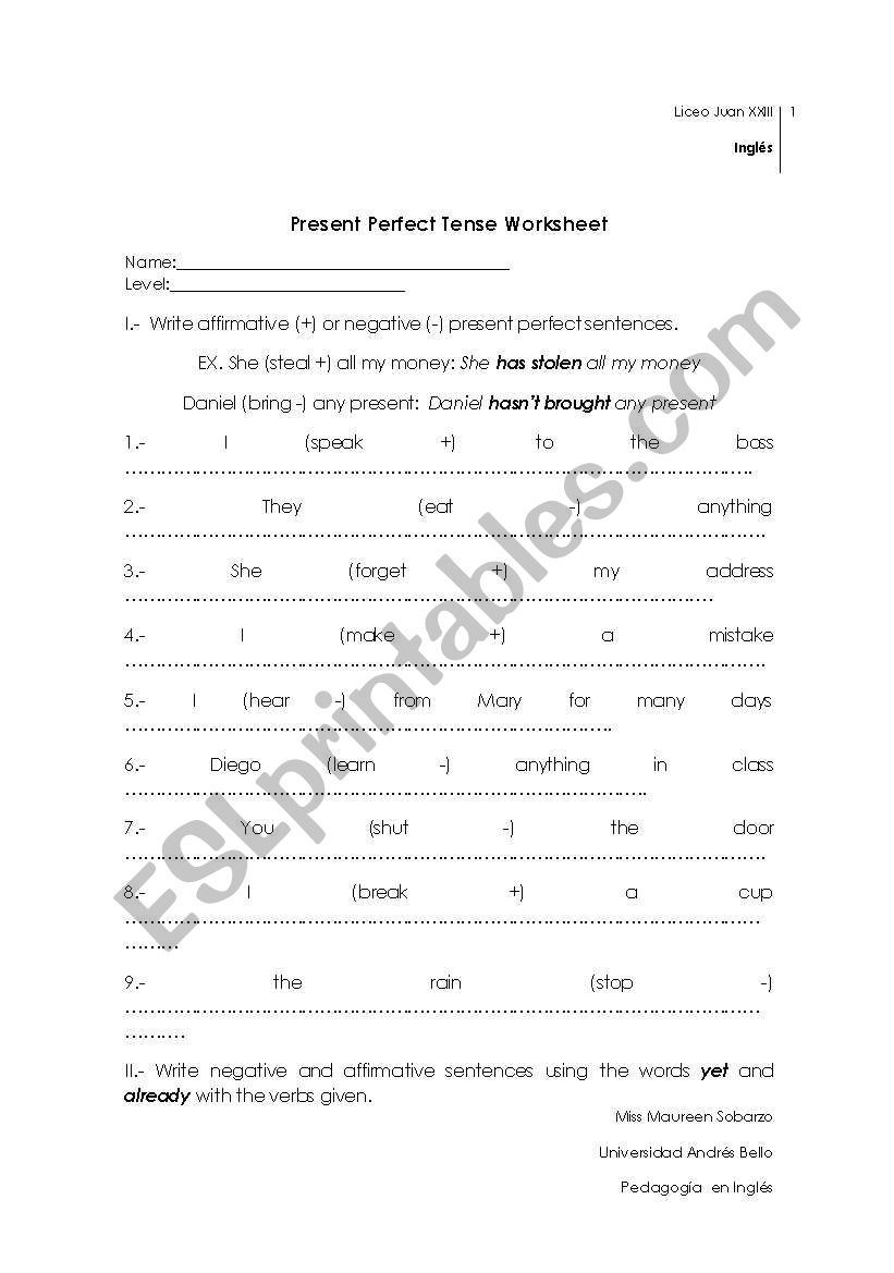 Present perfect worksheet worksheet