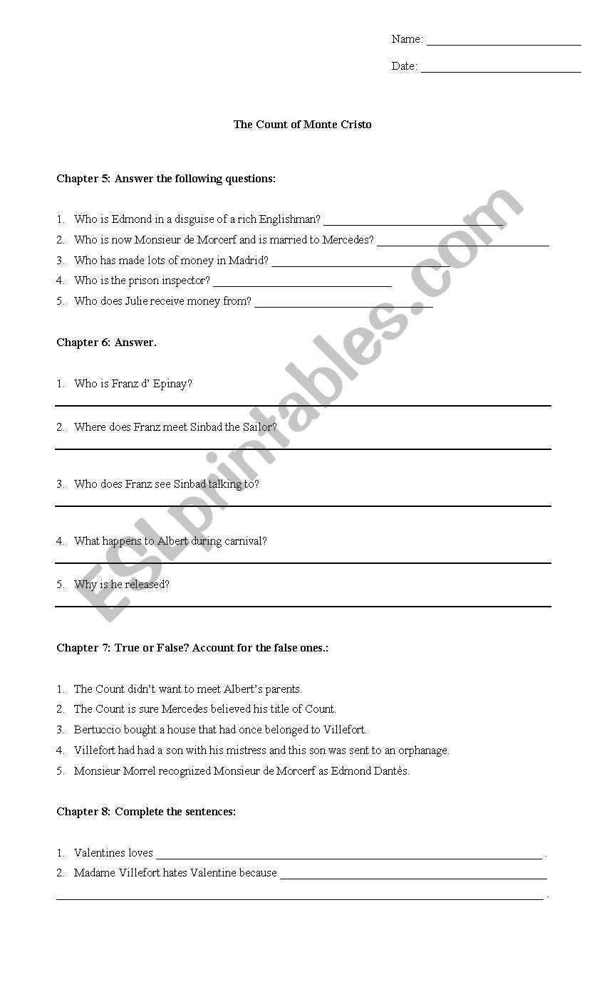 The Count of Monte Cristo Worksheet