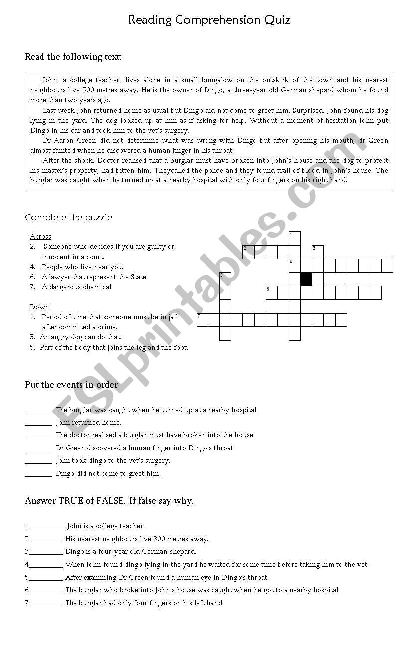 Reading Comprehension quiz worksheet