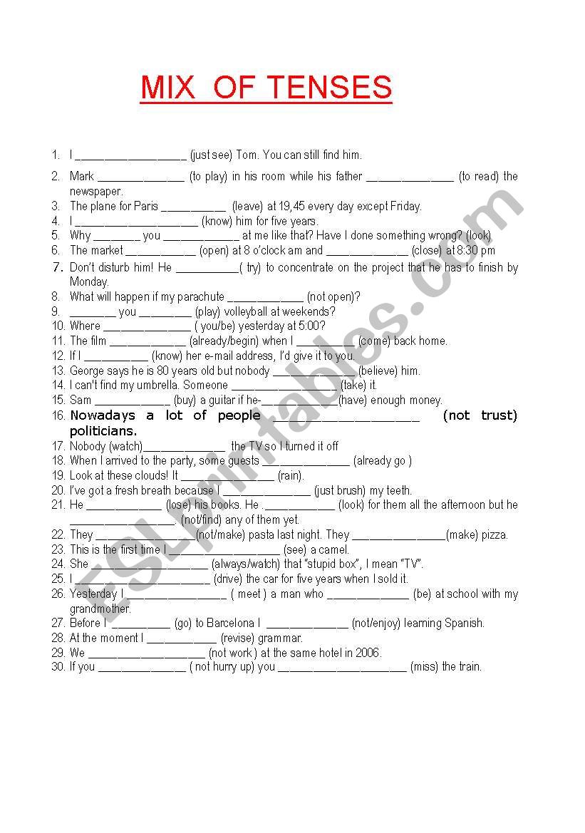 MIX  OF TENSES 30 sentences  worksheet