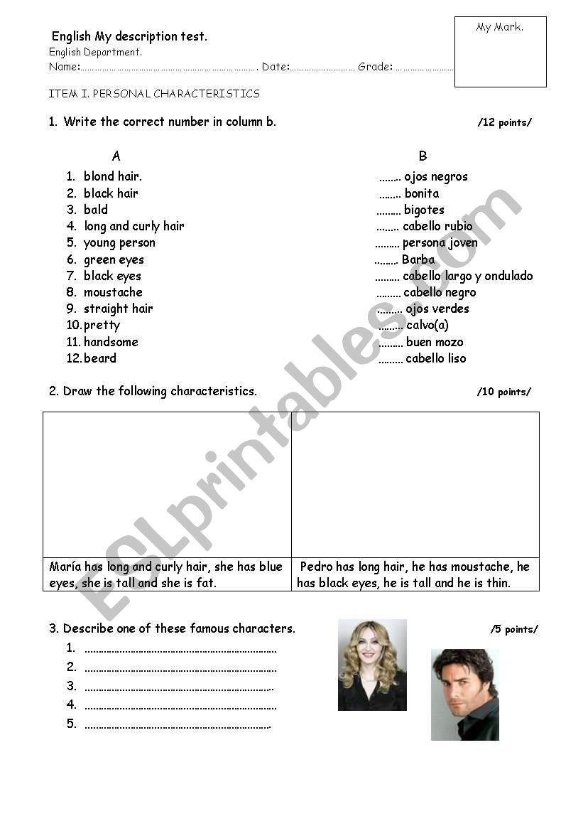 test personal characteristics worksheet