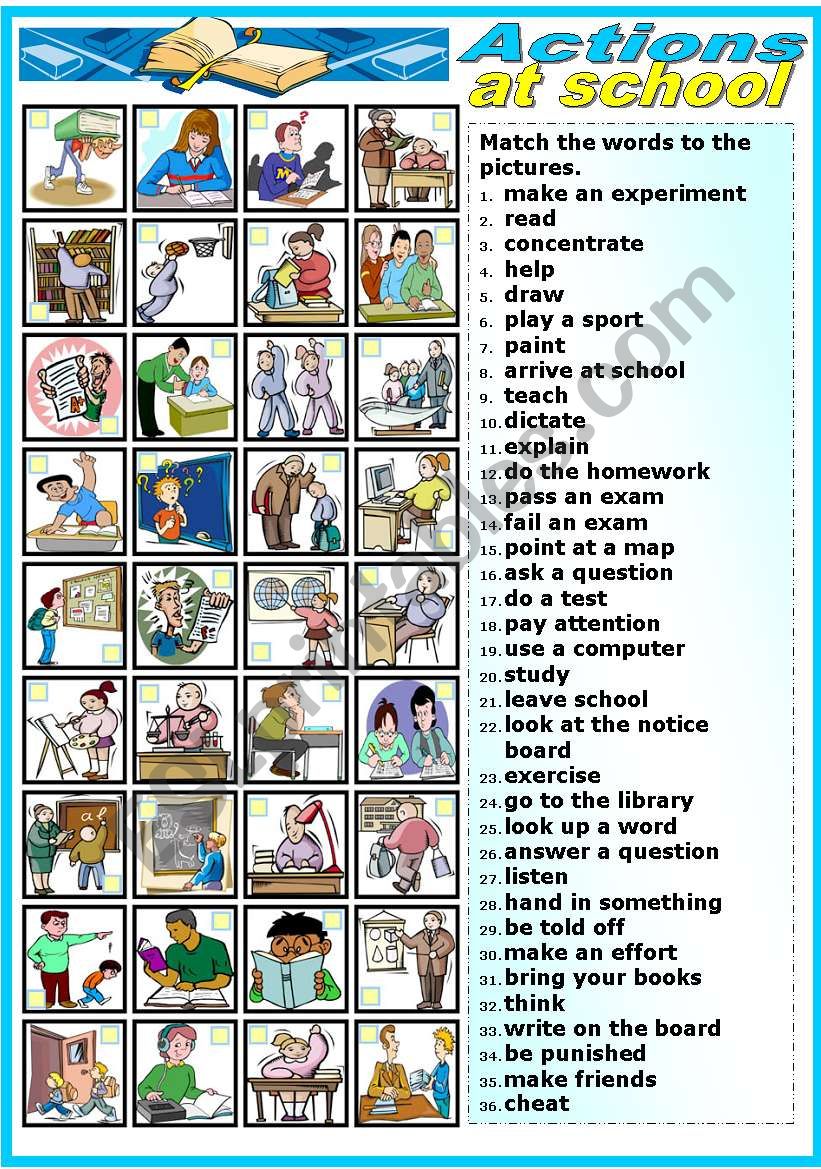 ACTIONS AT SCHOOL -MATCHING EXERCISE (B&W VERSION INCLUDED)