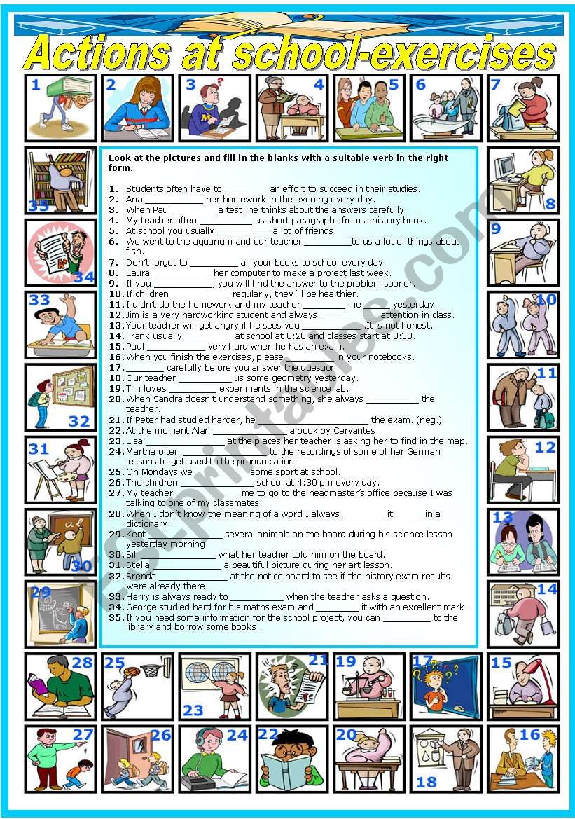 ACTIONS AT SCHOOL - EXERCISES (B&W VERSION INCLUDED)