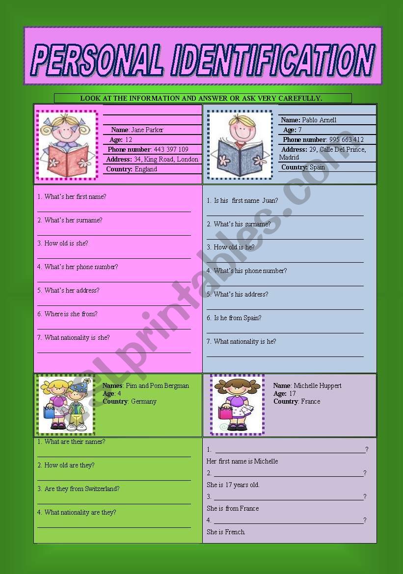 Personal Identification - ESL worksheet by Thumbelina17