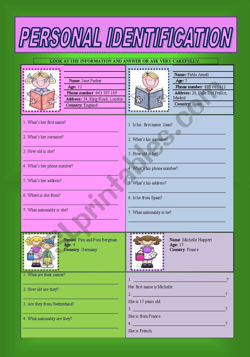 Personal Identification worksheet