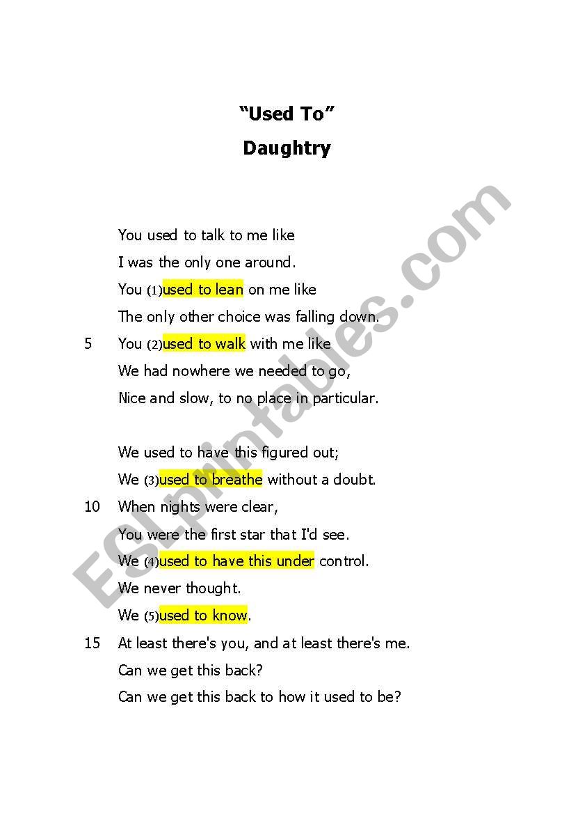 Used To - Daughtry; Answers worksheet