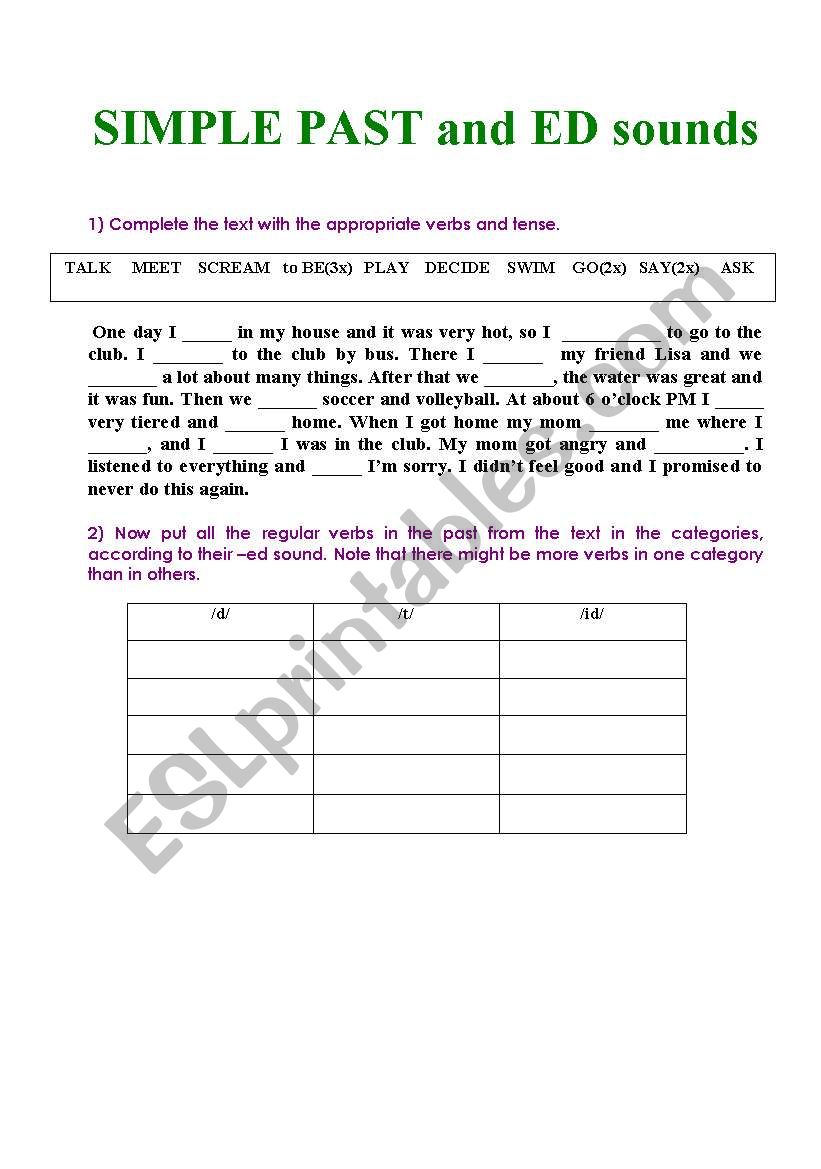 Simple past and -ed sounds worksheet