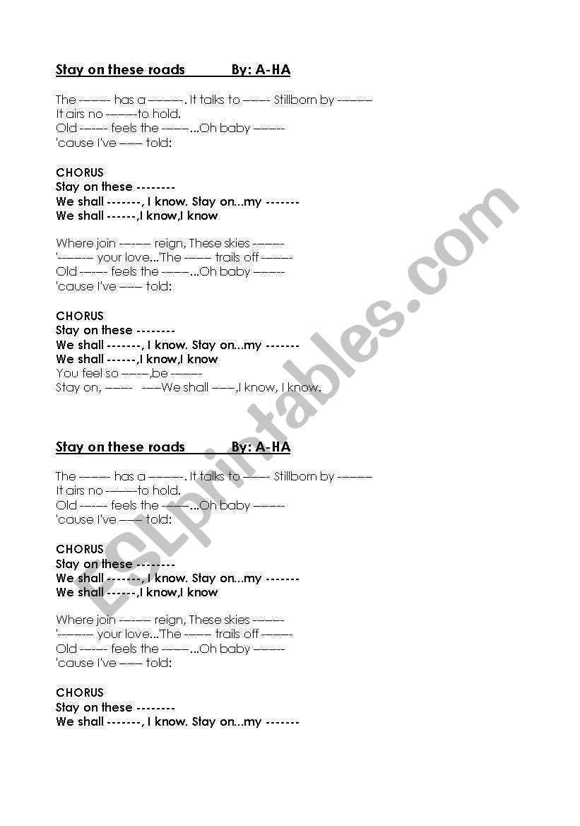 Stay on these roads worksheet