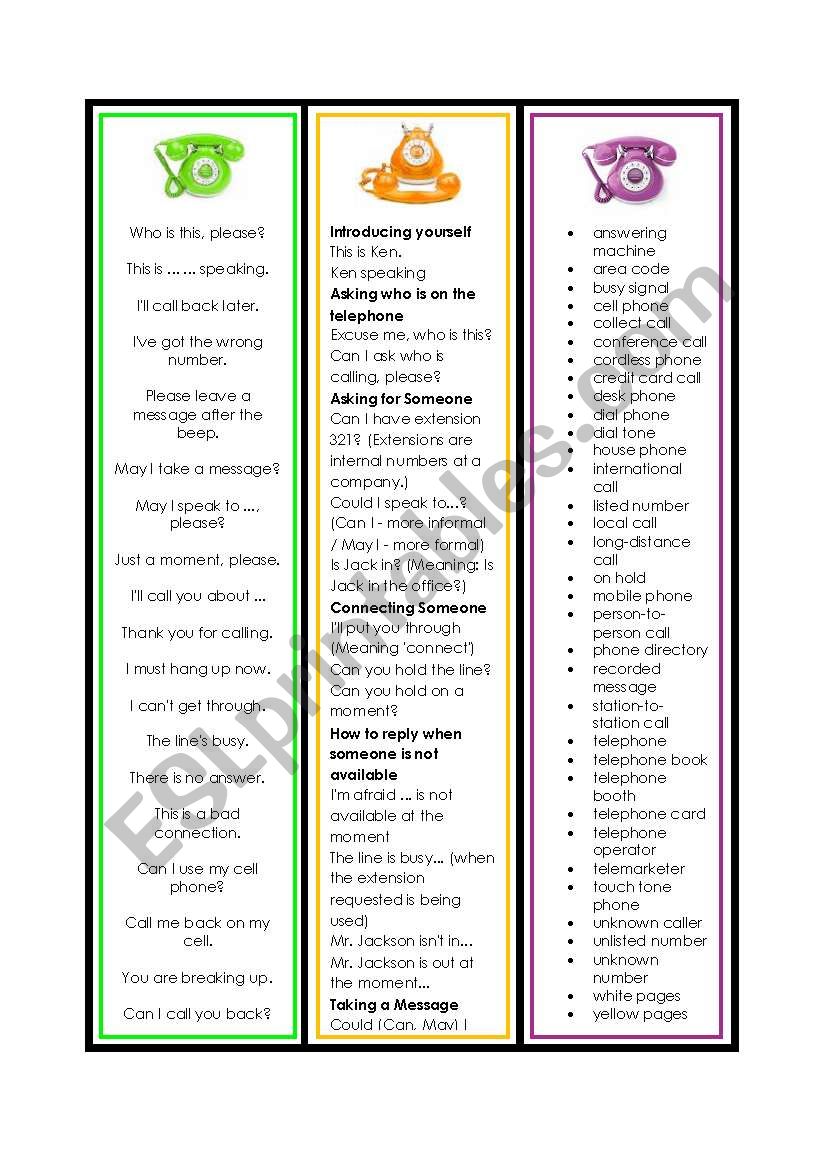 Telephone English Bookmarks  worksheet