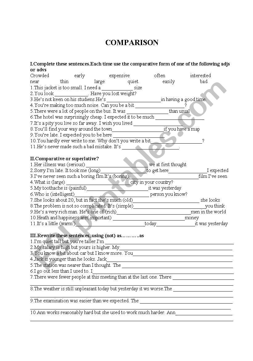 Comparison of adj and adv worksheet