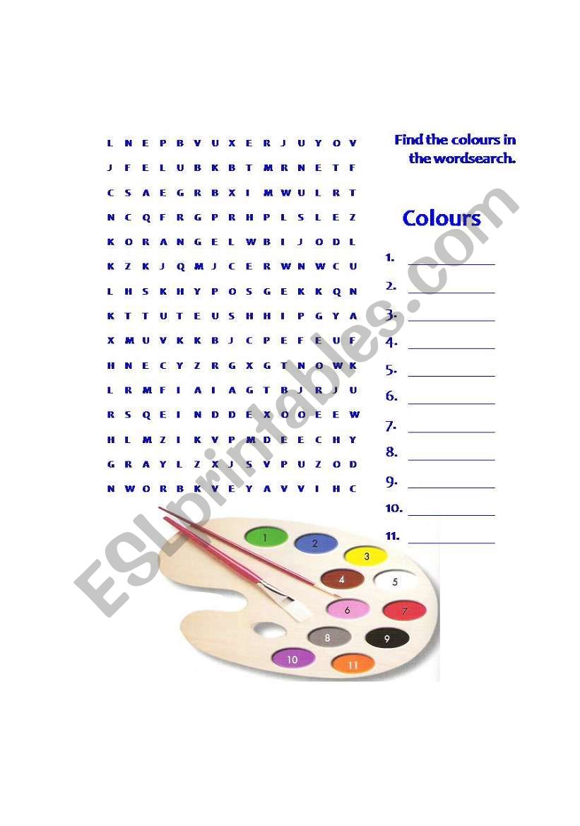 colours wordsearch worksheet