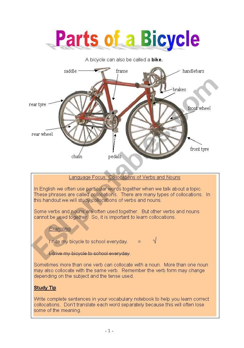 Parts of a Bicycle worksheet