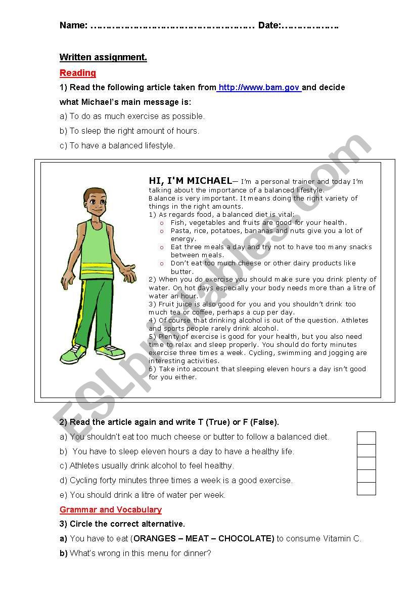 A healthy lifestyle - Test worksheet