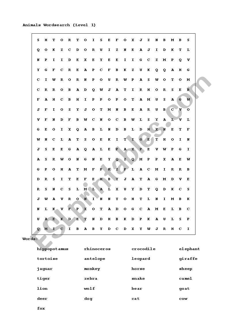 animal word search worksheet