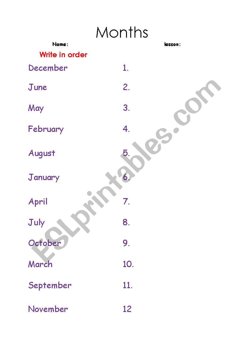 months worksheet