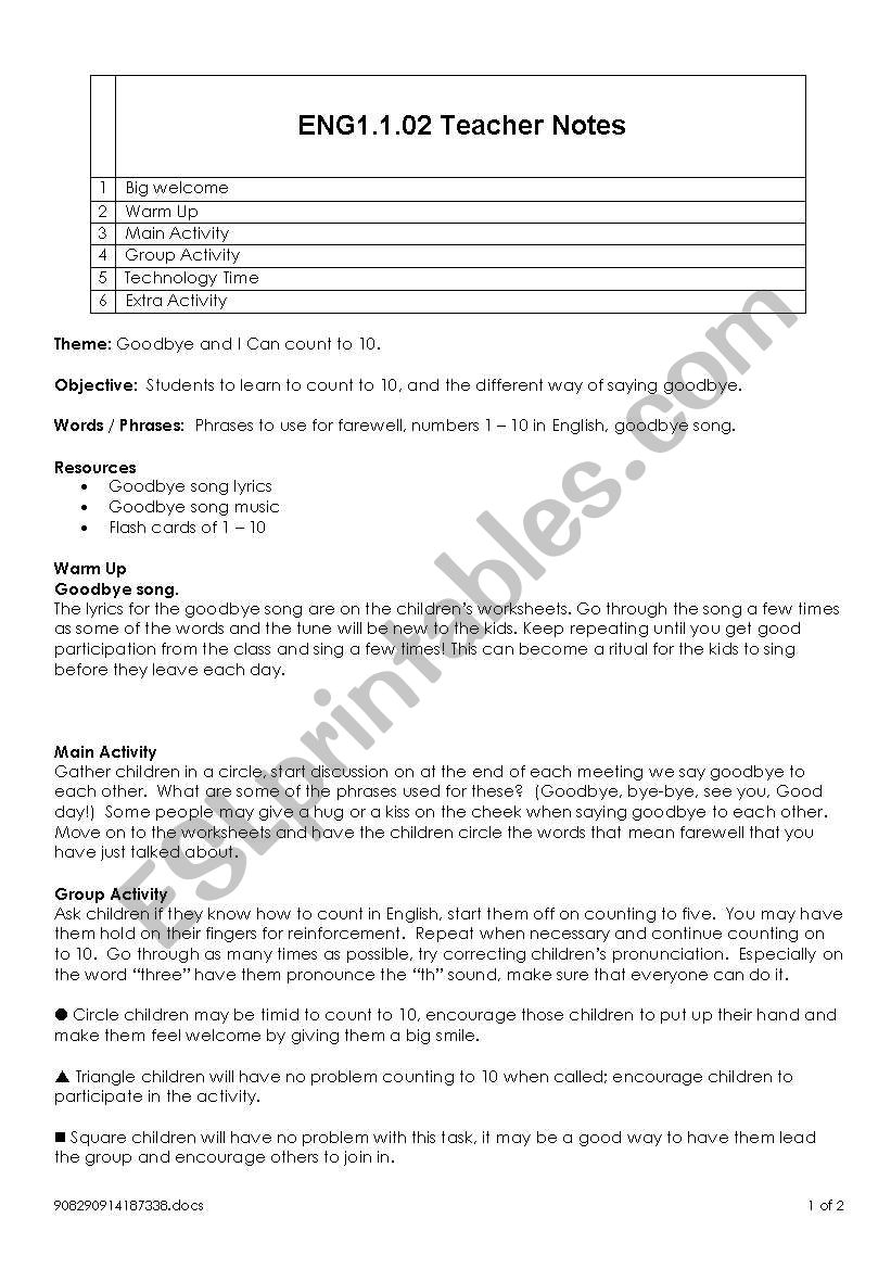 Goodbye and I Can count to 10 worksheet