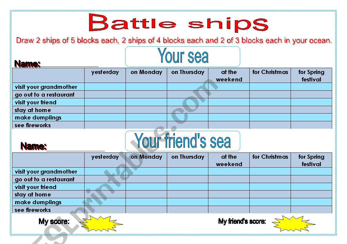 Past tense Battle Ships worksheet