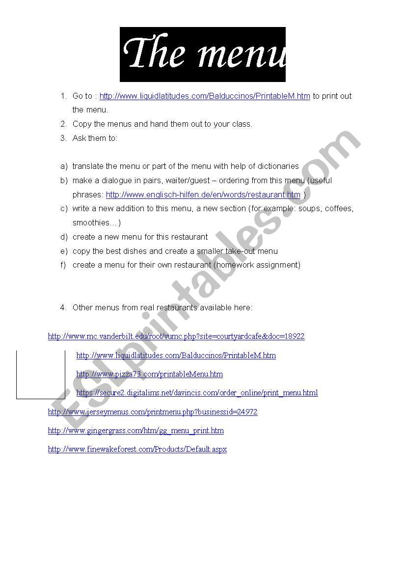THE MENU worksheet
