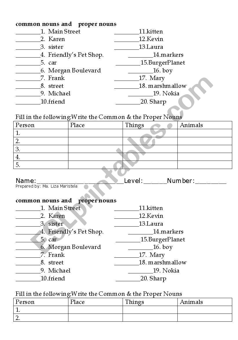 Common Nouns and Proper Nouns worksheet