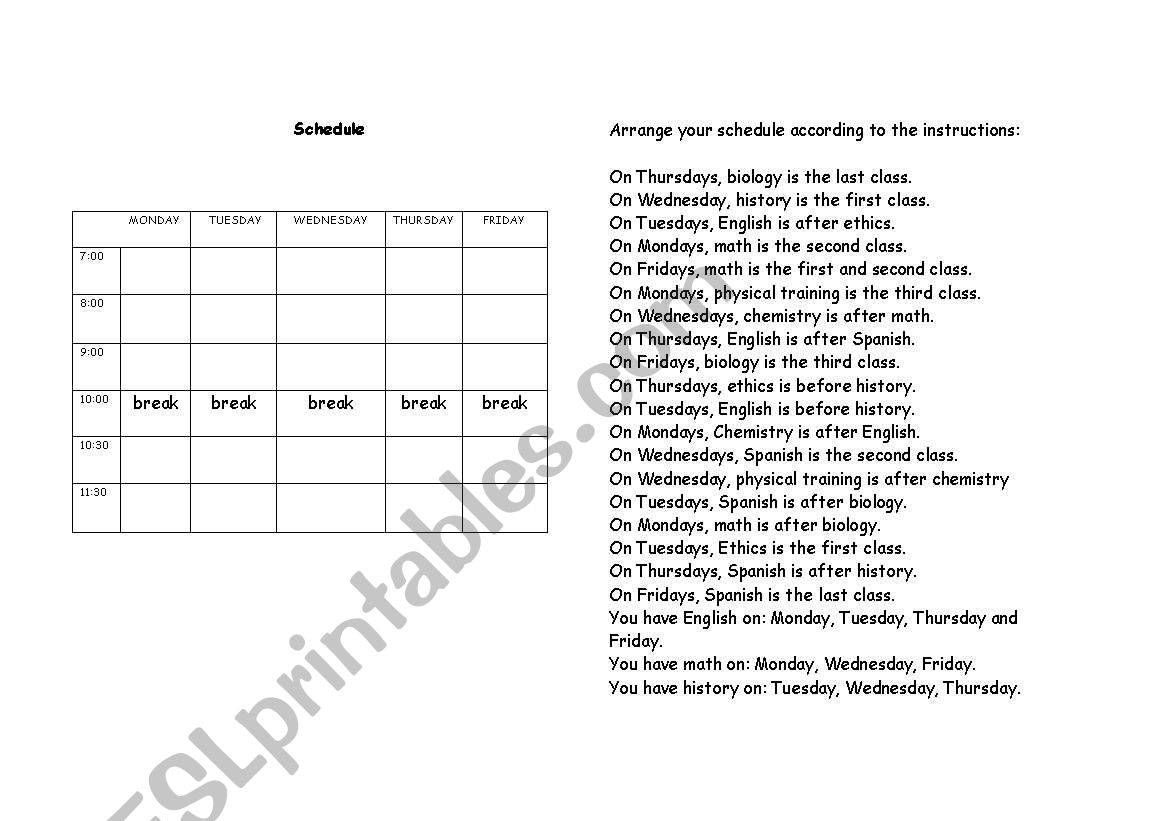 the schedule worksheet